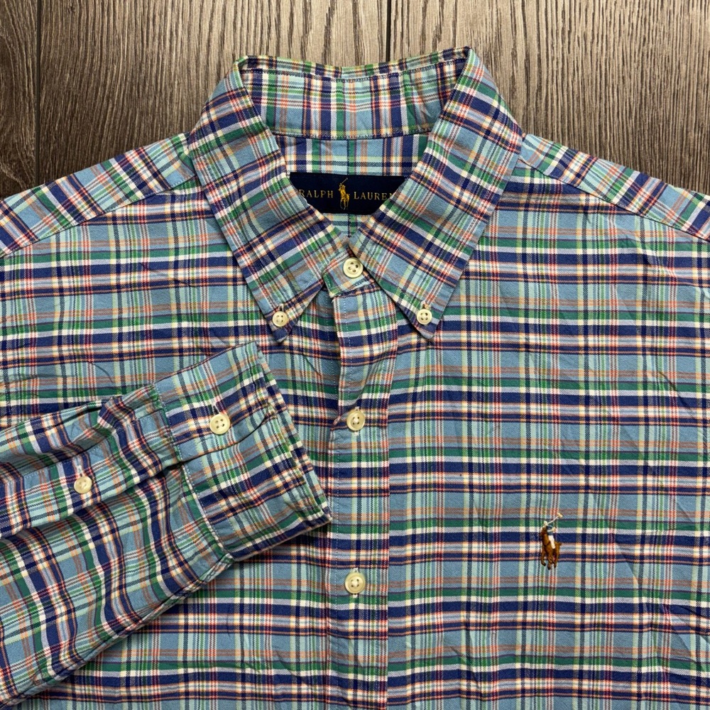 Ralph Lauren Mens Medium Plaid Button Down Shirt Blue Green Orange Madres